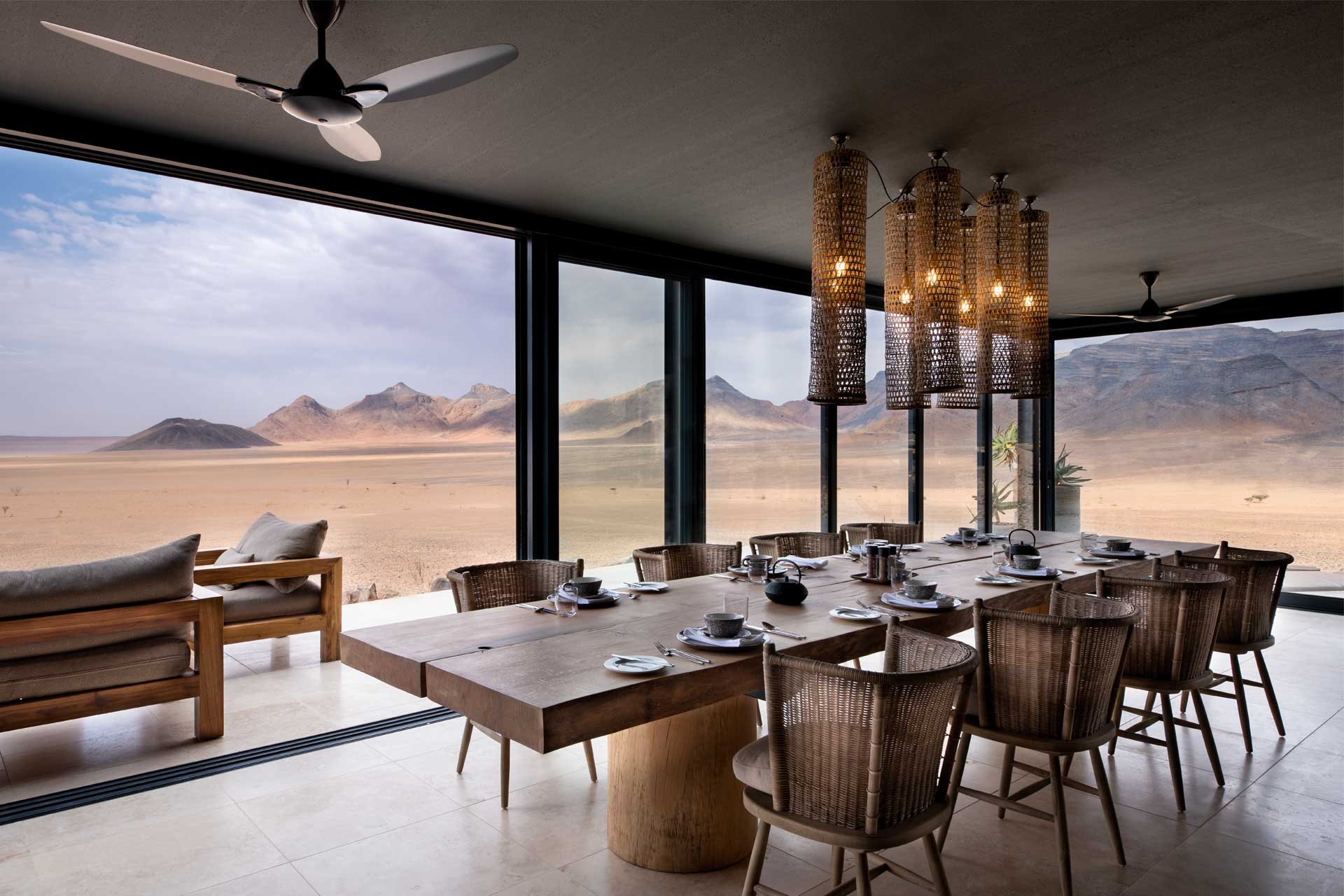 An interior shot of &Beyond Desert Lodge in Namibia