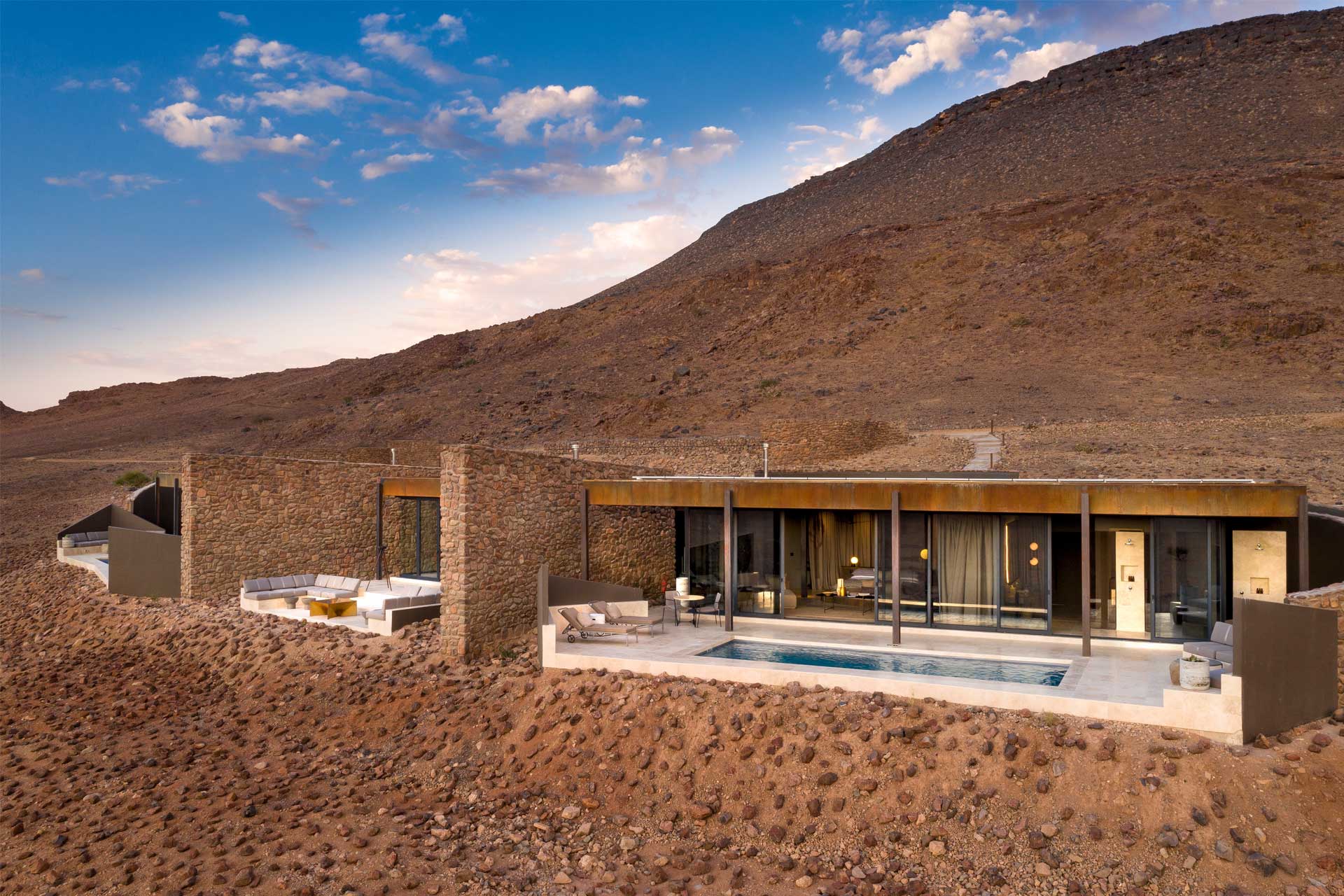 An exterior shot of &Beyond Desert Lodge in Namibia