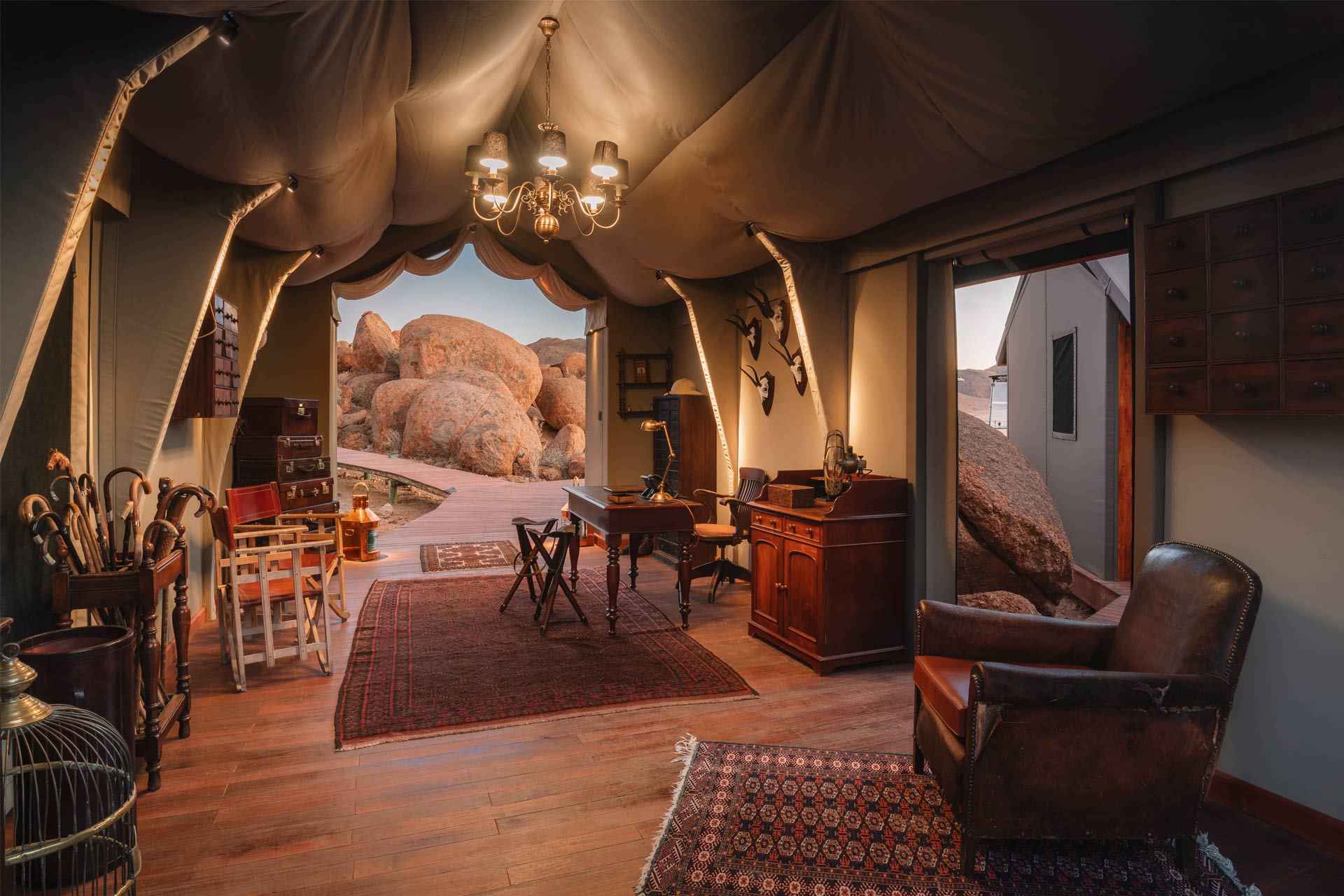 An interior shot of thereception at Zannier Hotels Sonop Lodge in Namibia, Africa