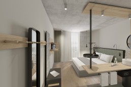 A rendering of a guestroom at Hotel Coreum in Germany