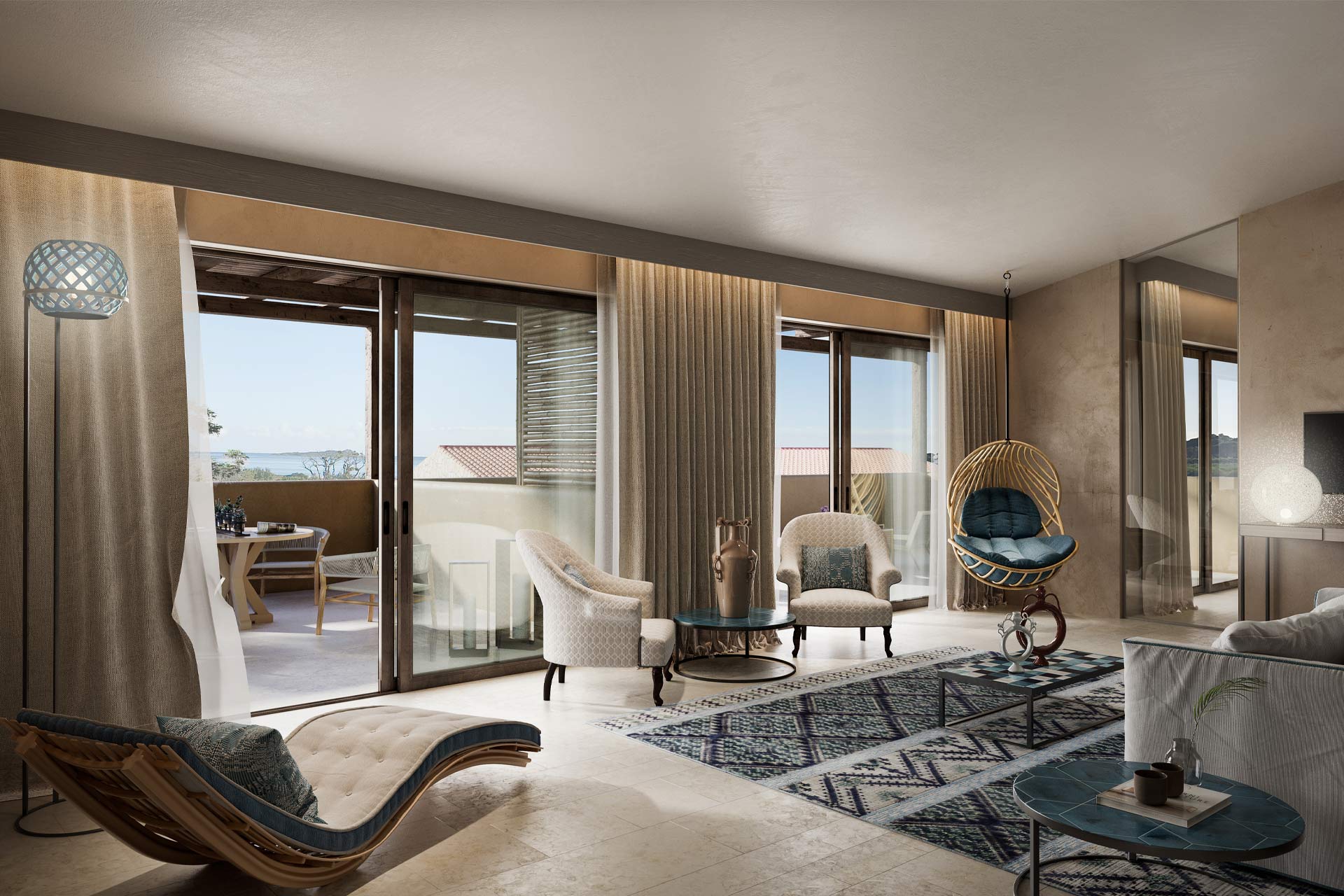 A rendering of a guestroom at Baglioni Resort Sardinia in Italy