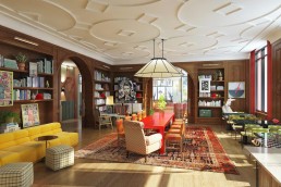 A rendering of the Funny Library at Virgin Hotels New Orleans