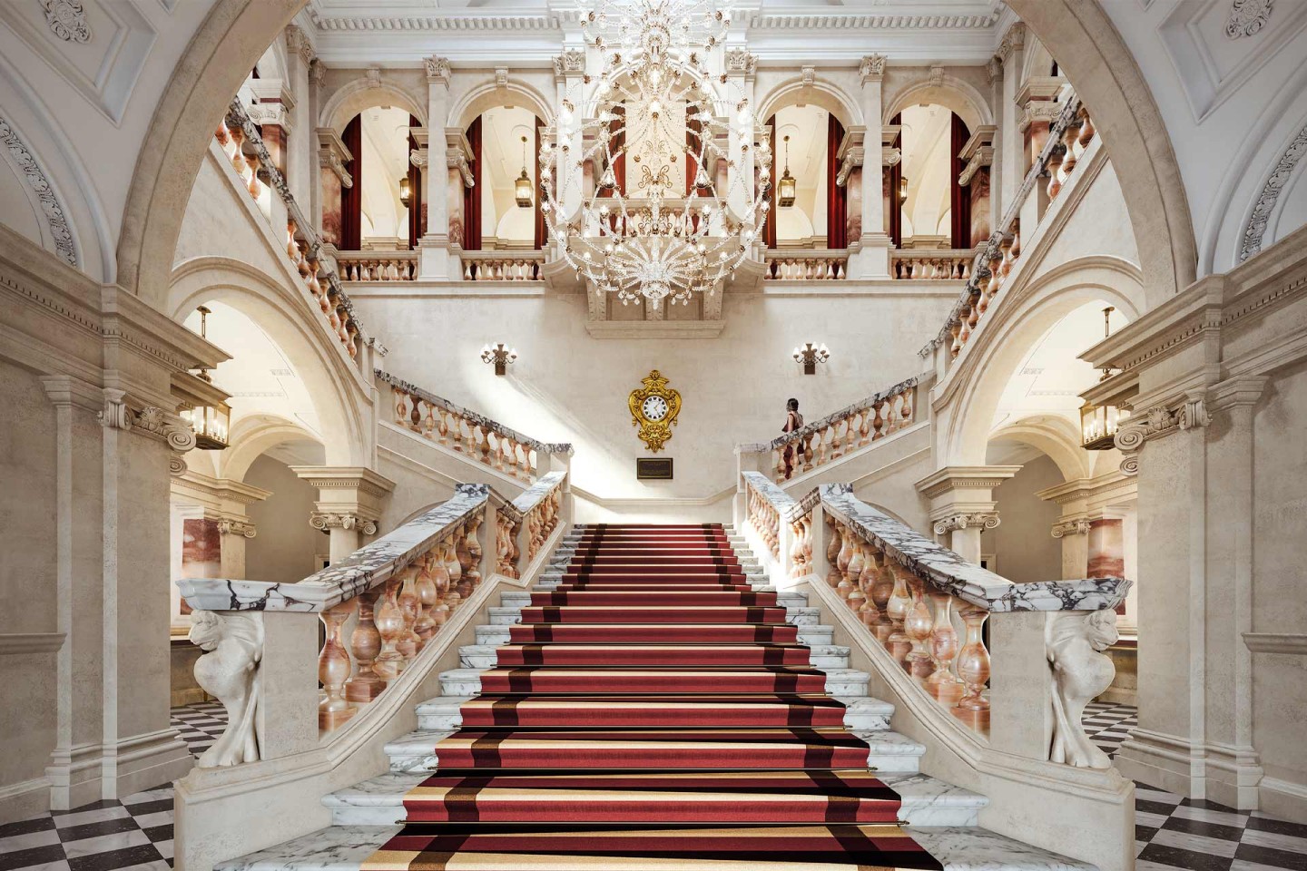 A rendering of the staircase at Raffles London at The OWO
