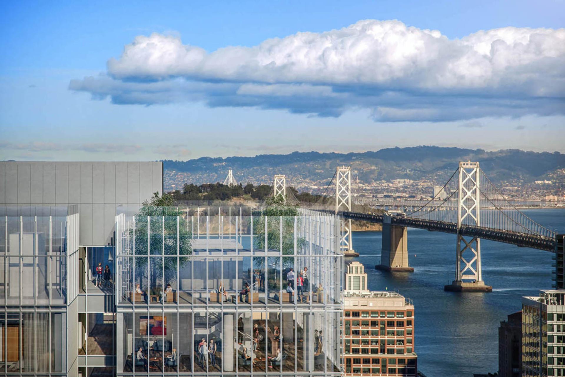 A rendering of the public roof terrace at 555 Howard Street in San Francisco